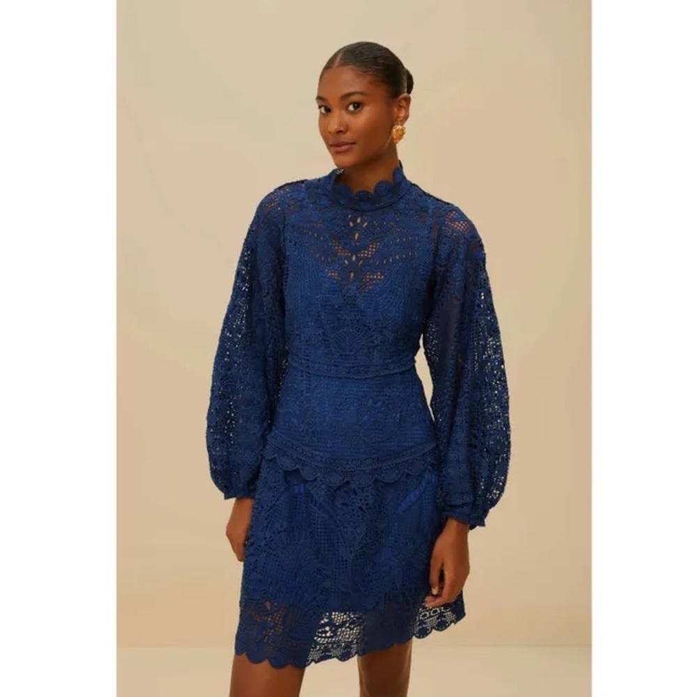 Farm Rio - Parrot Garden Guipure mini dress in Navy blue